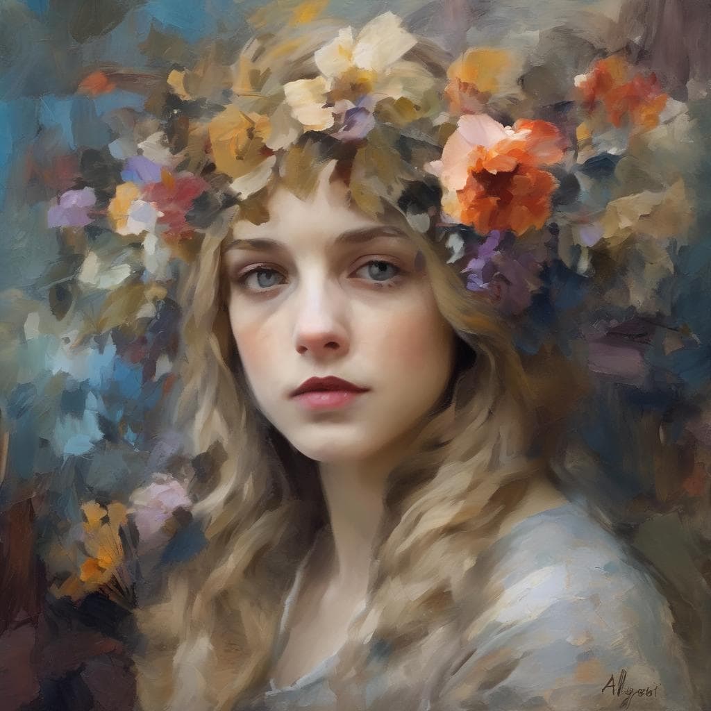 Πορτρέτο νεαρής γυναίκας με λουλουδάτη κορυφή, εμπνευσμένο από κλασική τέχνη, ζωγραφική ψηφιδωτή με έμφαση στη μοναδικότητα και την τέχνη.