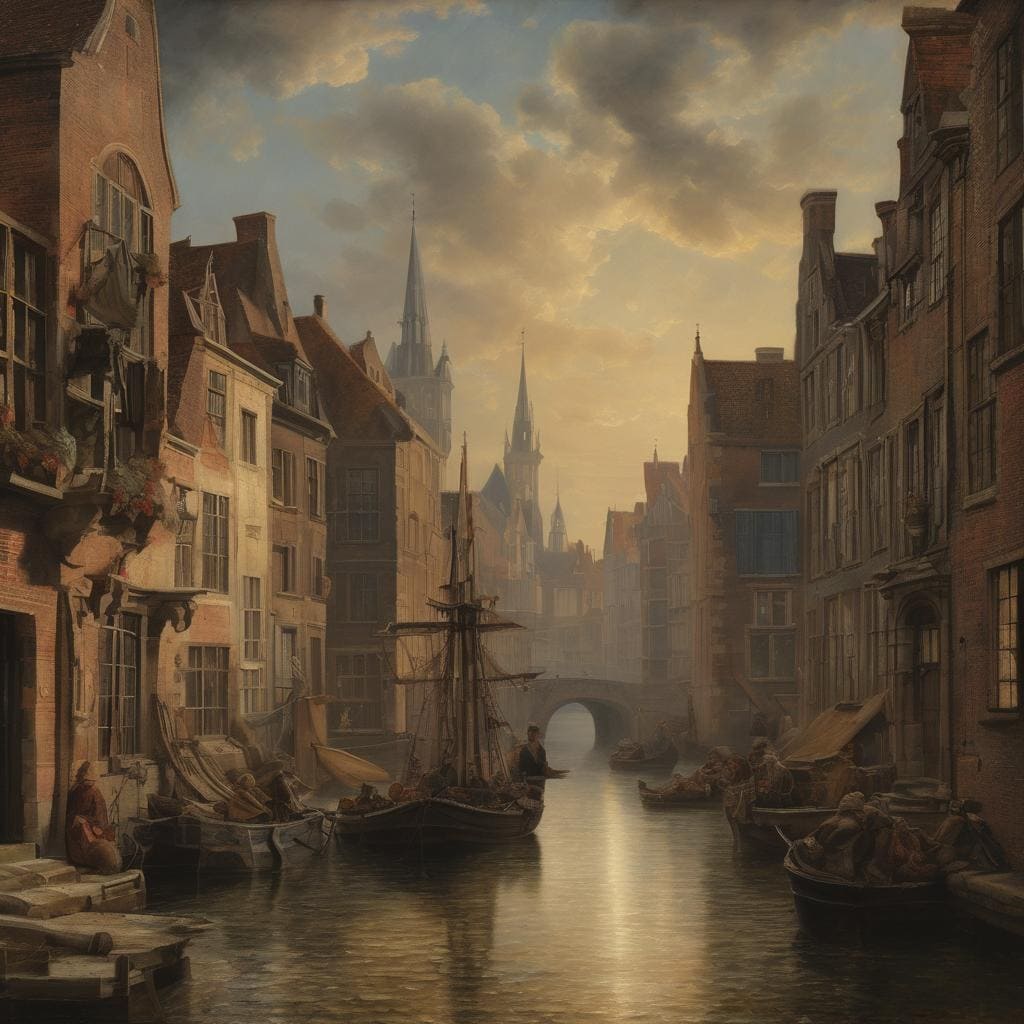Παραδοσιακό τοπίο με αρχοντικά και καραβιών σε κανάλι, εμπνευσμένο από κλασικά έργα τέχνης, που αναδεικνύει την επιρροή της κλασικής τέχνης.