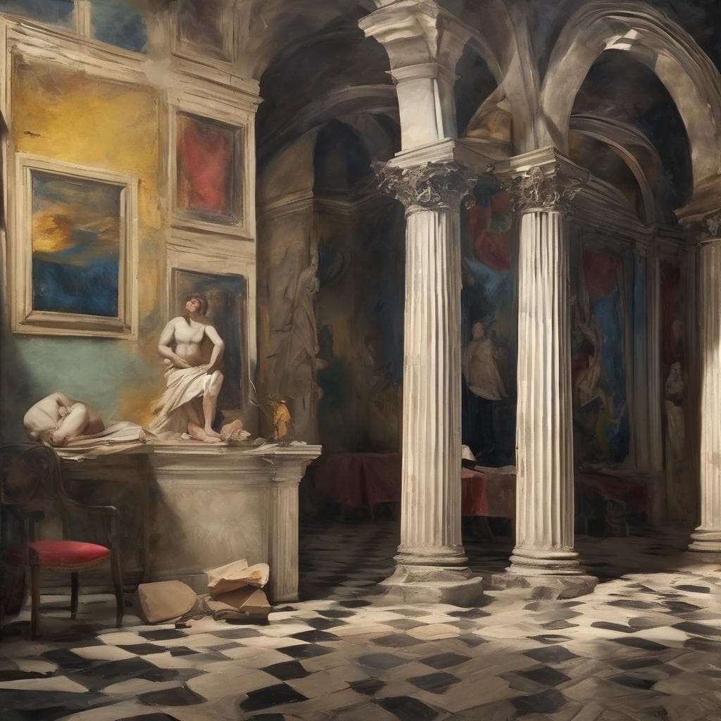 Φωτογραφία εσωτερικού χώρου γκαλερί τέχνης με κλασικά έργα και αρχαιοελληνική αρχιτεκτονική διακόσμηση.