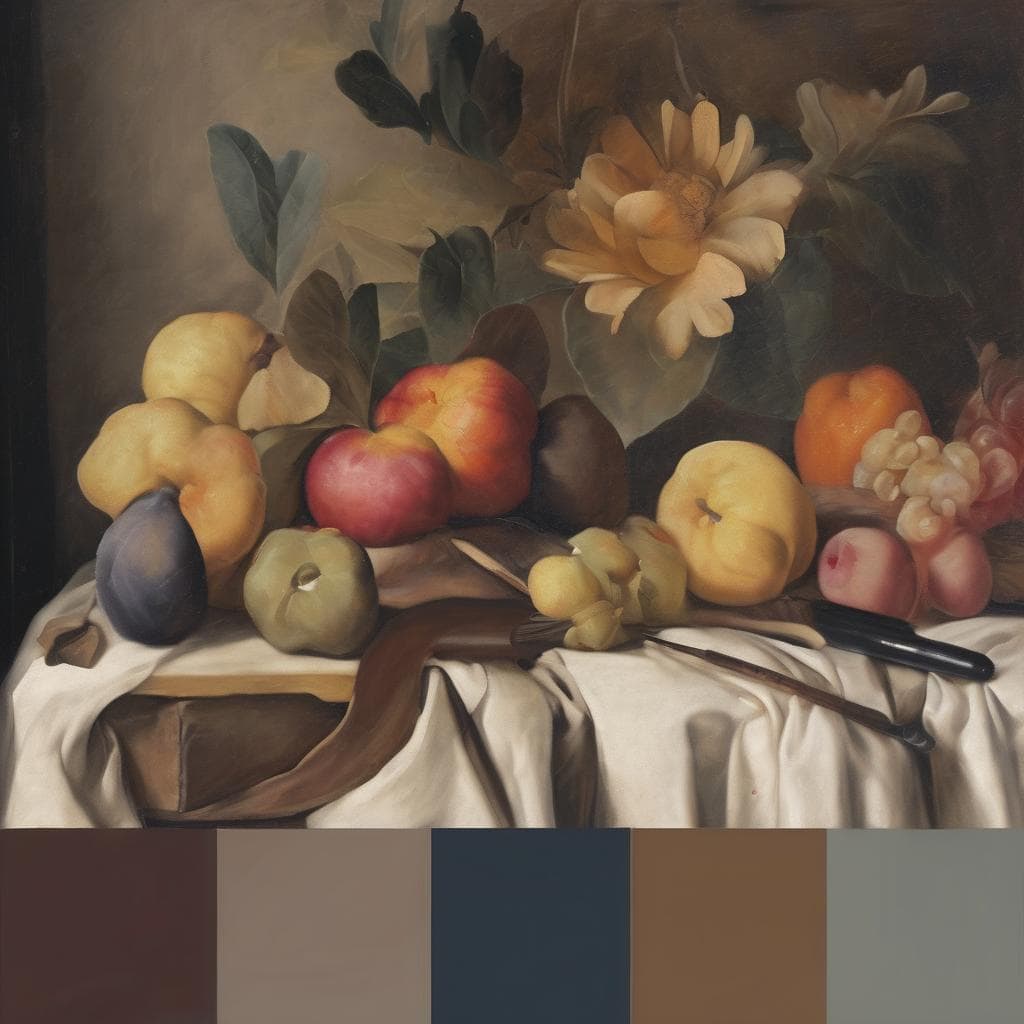 Νεανικά φρούτα και λουλούδια σε ύφος κλασικής τέχνης, εμπνευσμένα από την επιρροή των κλασικών έργων στην τέχνη.