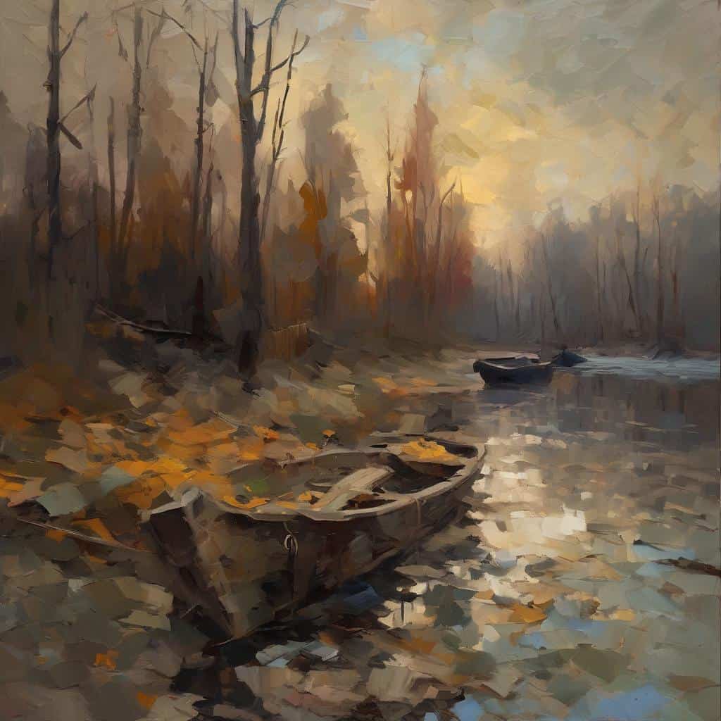 Παλιό ξύλινο καΐκι σε ποτάμι σε ανοιξιάτικο τοπίο, βασισμένο σε κλασικά έργα τέχνης.