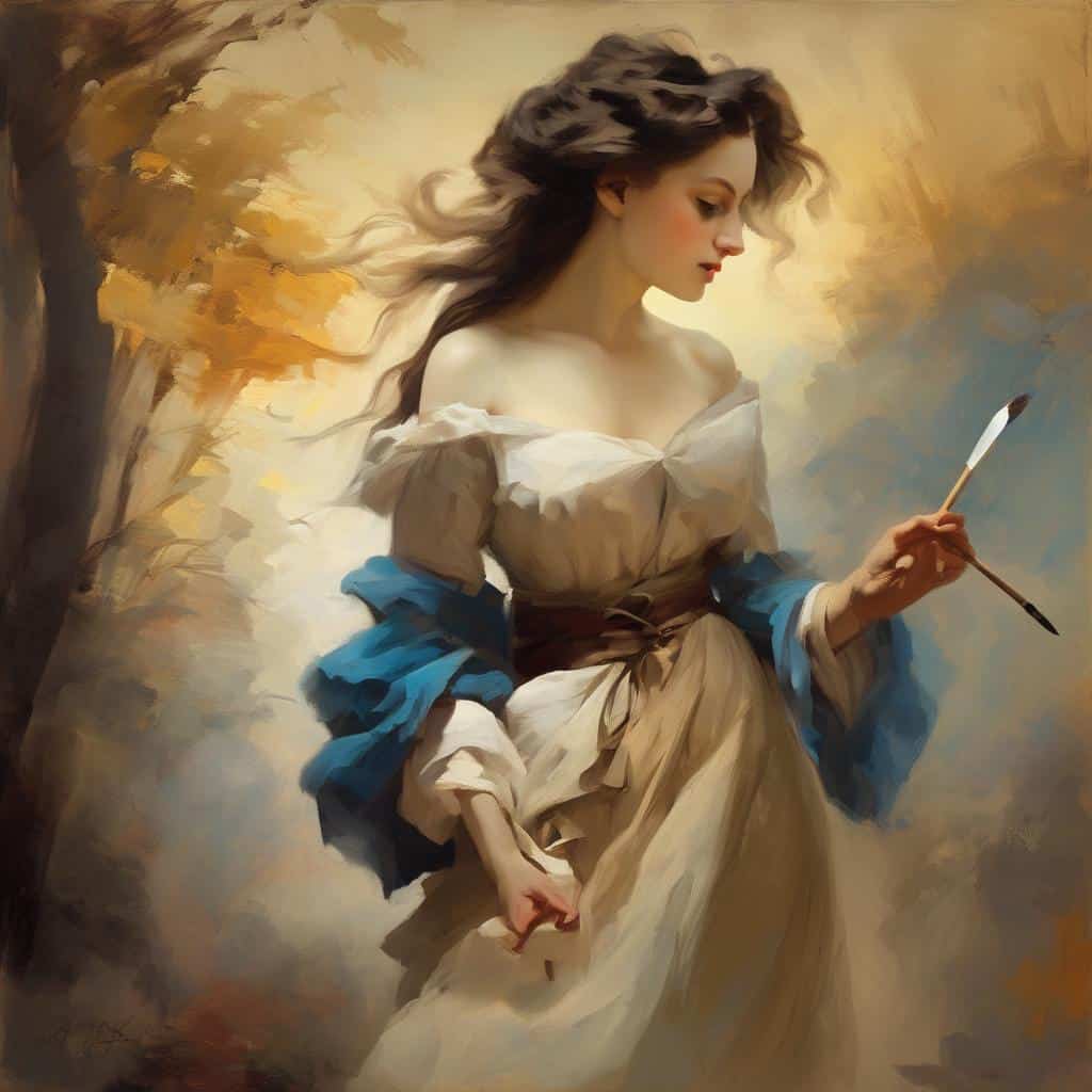 Χαρακτηριστική εικόνα με γυναικεία φιγούρα και πινελιές τέχνης, εμπνευσμένη από κλασικά έργα και την επιρροή των αυθεντικών δημιουργιών στην τέχνη.