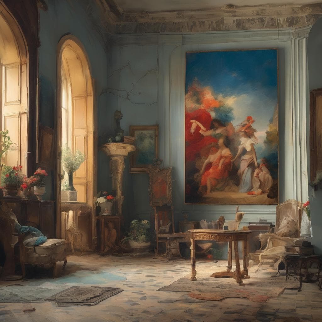 Ζωγραφικό έργο με κλασική επίδραση σε εσωτερικό χώρο με παλιά έπιπλα και παράθυρα μπαλκονόπορτες.